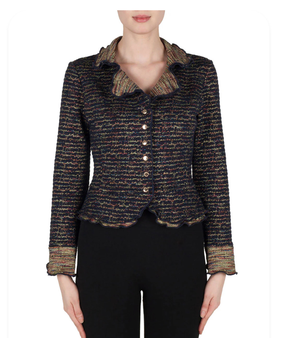 Joseph Ribkoff Ruffled Collar Cropped Jacket Navy Multi Size 6